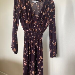 Amour Vert Floral V-Neck Long Sleeve Dress - 100% Silk